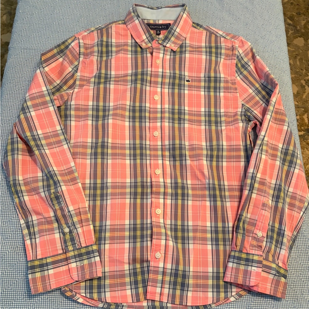 Crown & Ivy Pink and Blue Plaid Button-Down Shirt
